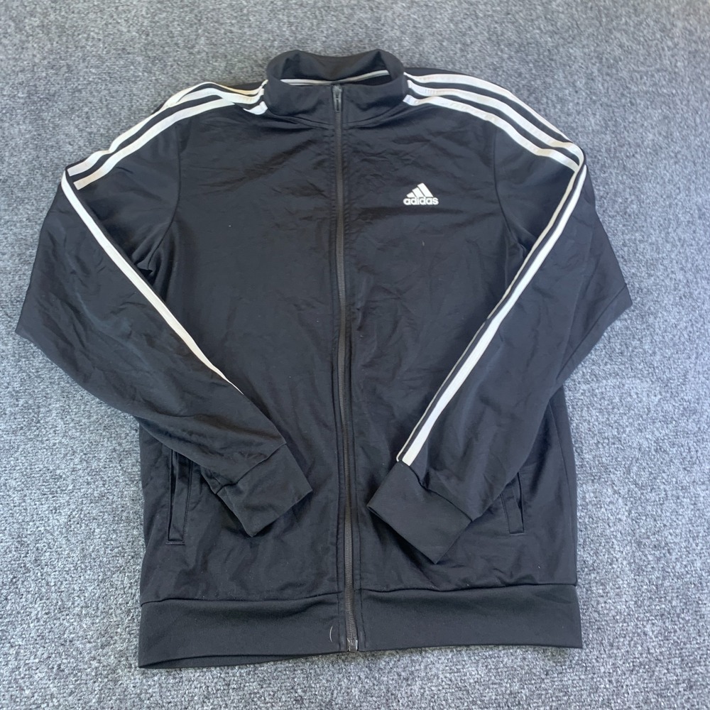 Adidas Track Jacket Mens Medium Black 3 Stripes Logo Full Zip Mock Neck Sports